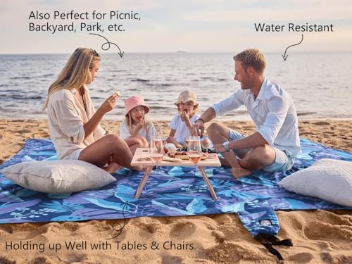 WEKAPO Beach Blanket Waterproof Sandproof Oversized, Extra Large Beach Mat Sand Free, Lightweight & Compact Sand Free Mat with 6 Stakes & 4 Corner Pockets