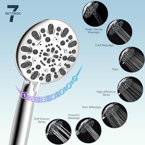 Hibbent All Metal Shower Head, 10'' High Pressure Rainfall Shower Head/Handheld Showerhead Combo with 12'' Adjustable Curved Shower Extension Arm, 7-Spray, 71'' Shower Hose, Shower Head Holder, Chrome