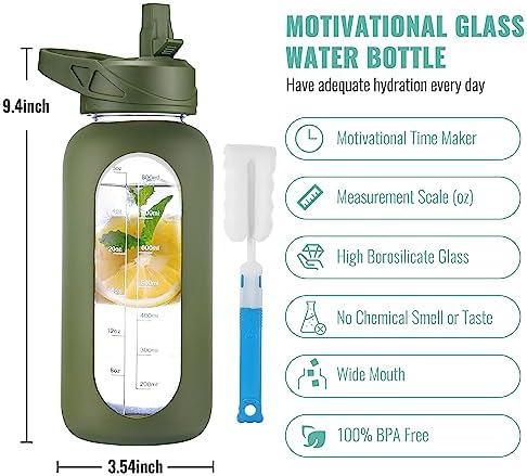 CIVAGO 32 oz Glass Water Bottle with Straw and Handle, Large Sports Motivational Water Bottle Flask with Time Marker, Leakproof Water Jug Canteen with Silicone Sleeve for Gym,Army Green