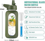 CIVAGO 32 oz Glass Water Bottle with Straw and Handle, Large Sports Motivational Water Bottle Flask with Time Marker, Leakproof Water Jug Canteen with Silicone Sleeve for Gym,Army Green