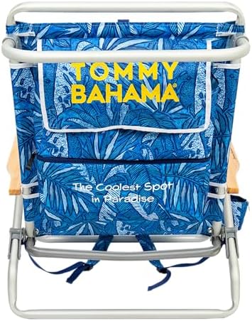 Tommy Bahama 5-Position Classic Lay Flat Backpack Beach Chair with Cooler and Cup Holder, Portable Folding Beach Chair for Tanning, Blue Tropical Leaves
