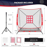 BAGAIL 7x7 ft Baseball & Softball Practice Net with Bow Frame for Batting, Hitting, Pitching, Portable Baseball Throwing Net with 2 Strike Zone Batting Tee, Carry Bag, Great for All Levels