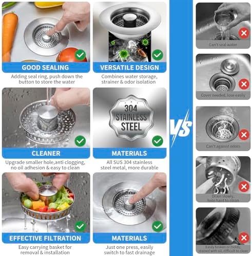 Upgraded 3 in 1 Kitchen Sink Drain Strainer - Stainless Steel Sink Stopper, Anti-Clogging Sink Food Catcher Basket, Fast Drainage Odor Filter Sink Plug for US Standard 3 1/2 inch Drain (Silver-2Pack)