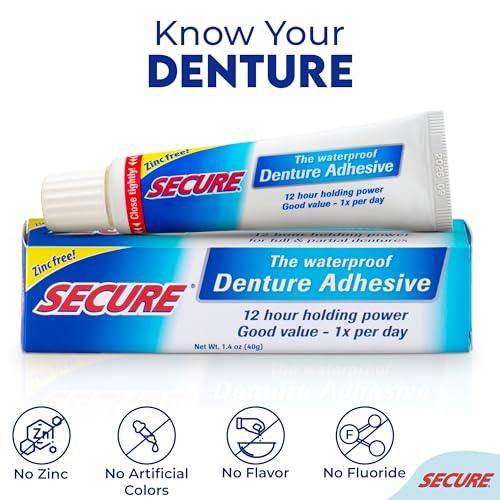 Secure Waterproof Denture Adhesive - Zinc Free - Extra Strong 12 Hour Hold - 1.4 oz (Pack of 4)