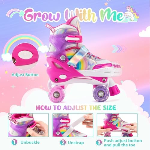 SULIFEEL Rainbow Unicorn 4 Size Adjustable Light up Roller Skates for Girls Boys for Kids