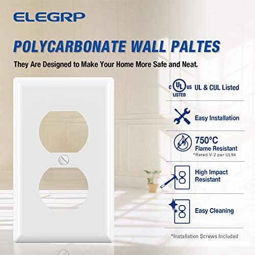 ELEGRP Duplex Receptacle Outlet Covers, 1-Gang Standard Size Wall Plates, Unbreakable Polycarbonate Dual Outlet Faceplates Covers, UL Listed, Color-matched Screws Included (20 Pack, Glossy White)