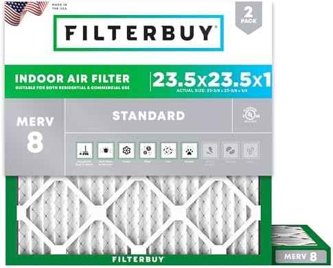 Filterbuy 23.5x23.5x1 Air Filter MERV 8 Dust Defense (2-Pack), Pleated HVAC AC Furnace Air Filters Replacement (Actual Size: 23.38 x 23.38 x 0.75 Inches)