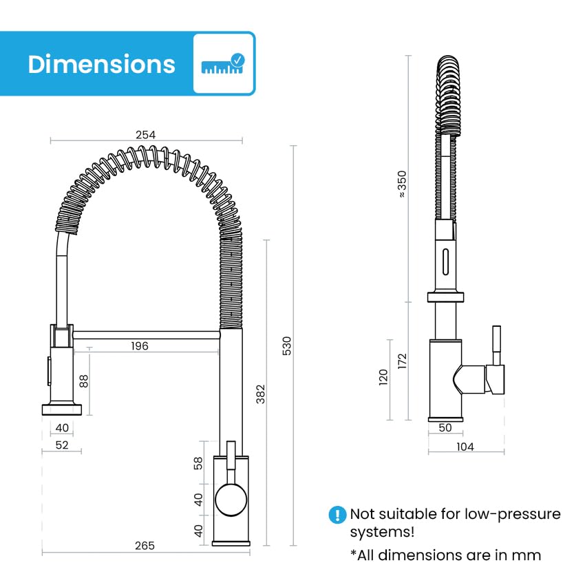 Bächlein Kitchen Faucet 360 Degree Swivel (Brushed Stainless Steel) - One-Hand Stainless Steel Sink Mixer with Flexible Neck and Shower with Switch Button, Water Tap for The Kitchen