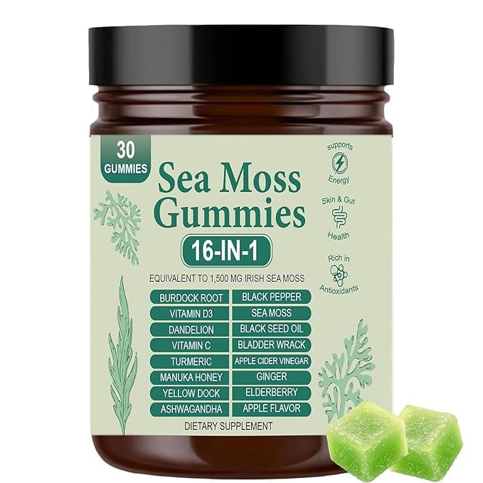Yrefdmo Sea Moss Gummies 16-in-1 | Irish Seamoss Gummies for Women Men with Black Seed Oil & Ashwagandha & Burdock & Bladderwrack | Boosts Immune Support, Skin Health and Digestion | 30 Gummies