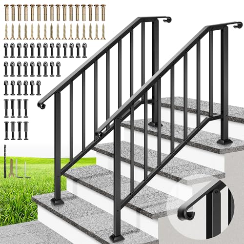 VIVOHOME 2-Pack Wrought Iron Hand Rails for Outdoor Steps – 40.6" Curved Ends and Safety Balusters Exterior Railing Kit for Porch, Deck, or Indoor Stairs (4-Step, Black)