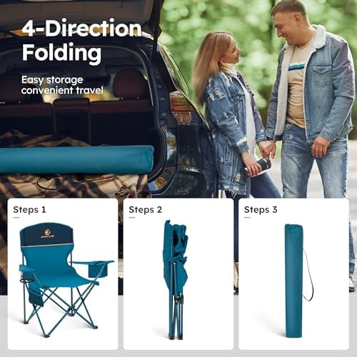 ALPHA CAMP Camping Chair 2 Pack Portable Chair with 3-Can Cooler Folding Chair with Side Pocket and Cup Holder, Collapsible for Camping, Tailgates, Beach, Fishing and Sports,2PC