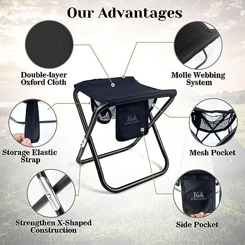 Upgraded 13 Inch Portable Folding Camping Stool with Side Pocket Mesh Pocket and Molle System, Lightweight Foldable Stool for Adults Gardening Travel BBQ Fishing with Carry Bag[Black]