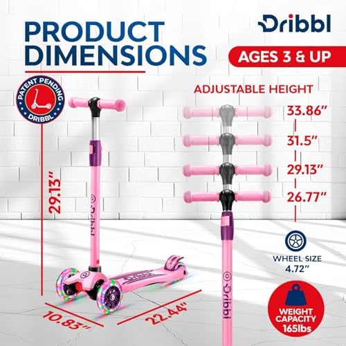 3-Wheel Kids Scooter - Lean-to-Steer Technology, Adjustable Height Handlebar, Wide Deck, Scooter for Boys & Girls Ages 3+, Child Safety Approved, Support Riders Up to 165 lbs, Purple and Pink