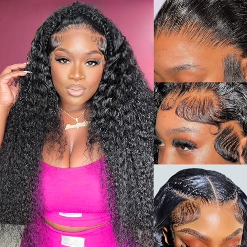 24Inch Deep Wave Lace Front Wigs Human Hair-13x4 HD Transparent Deep Wave Frontal Wigs Human Hair Glueless Curly Wigs for Women 200% Density Curly Lace Front Wigs Human Hair Pre Plucked with Baby Hair