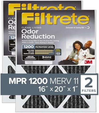 Filtrete 16x20x1 Air Filter, MPR 1200, MERV 11, Allergen Defense Odor Reduction 3-Month Pleated 1-Inch Air Filters, Pack of 2