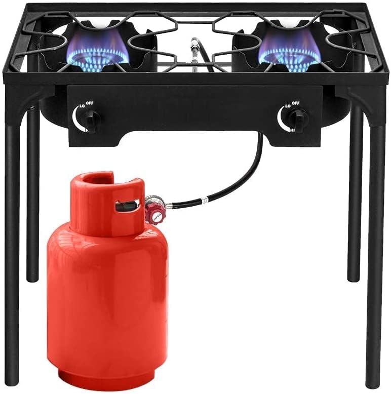Bonnlo 2 Burner Outdoor Portable Propane Stove Gas Cooker, Heavy Duty Iron Cast Patio Burner with Detachable Stand Legs for Camp Cooking (2-Burner 150,000-BTU)