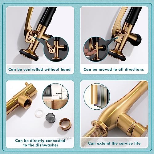 GIMILI Brushed Gold Kitchen Faucet with Pull Down Sprayer Single Handle High Pressure Brass Kitchen Sink Faucet Commercial Double-Headed Kitchen Faucets Sink with Deck Plate