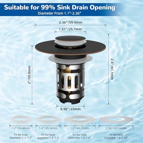 Hibbent Upgraded 3 in 1 Bathroom Sink Drain Strainer, Universal Pop Up Stopper with Removable Stainless Steel Filter Basket Hair Catcher, Sink Plug for 1.1''~2.36'' Basin, Oil-Rubbed Bronze