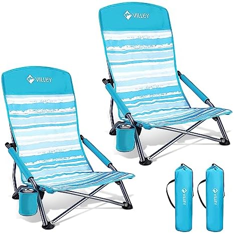 VILLEY Low Beach Chairs for Adults 2 Pack, High Back Folding Beach Chairs, Lightweight and Portable for Outdoor, Beach, Camping, Lawn, Music Festival, with Cup Holder and Carry Bag-Blue Stripes