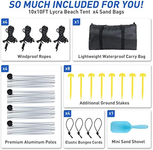 Beach Tent Pop Up Shade Canopy Sun Shelter UPF50+ with 4 Stability Poles/Carry Bag/Ground Pegs/Sand Shovel/Windproof Ropes Portable Outdoor Family Sunshade for Beach Camping(Navy Blue,10×10FT)