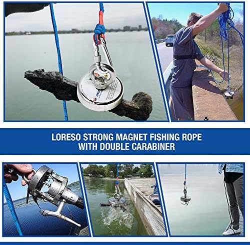 Loreso Strong Magnet Fishing Rope Carabiner, Camping Rope - Heavy Duty 1200 lb Strength All Purpose Ropes, 1/3 Inch Reinforced Polyester Line, Outdoor Rope for Camping, Hiking, Boating & Caving - 65ft