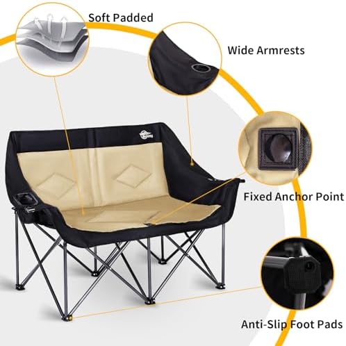 Double Camping Chair Loveseat Camping Chair Double Folding Chair Camp Chairs for Adults Heavy Duty Two Person Camp Chair Padded Camping Couch 2 Person Lawn Chairs - Support 650 lbs - Khaki