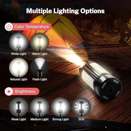 OGERY Rechargeable 10000mAh Camping Light with Stand 6.5 ft Max Height, Cordless Work Light with 3 LED Lamp Heads, 2200 Lumens Camping Essentials Gear Emergency Flashlight with Detachable Tripod