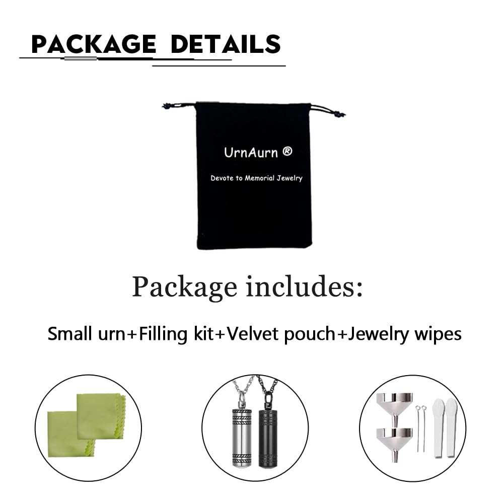 UrnAurn 2 Pieces Small Cylinder Cremation Urn Necklace for Ashes Stainless Steel Memorial Ash Pendant Keepsake Jewelry