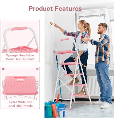 BONTEC 4-Step Ladder, 400lbs Max Load, Folding Step Stool with Tool Tray, Anti-Slip Pedals, Sturdy Steel, Lightweight Portable Ladder with Handrail for Home & Work Use, Pink