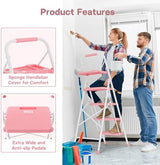 BONTEC 4-Step Ladder, 400lbs Max Load, Folding Step Stool with Tool Tray, Anti-Slip Pedals, Sturdy Steel, Lightweight Portable Ladder with Handrail for Home & Work Use, Pink