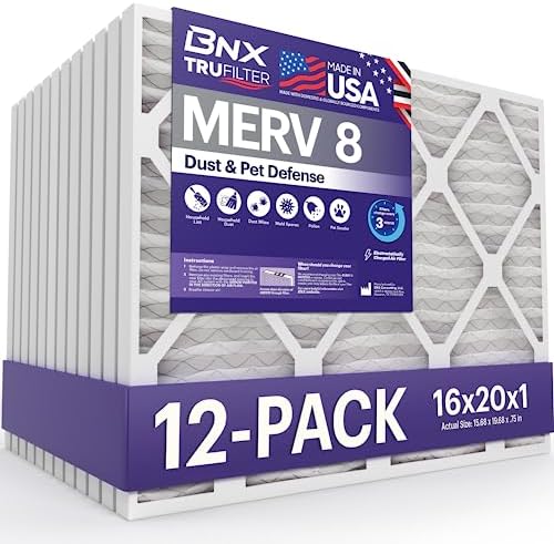 BNX TruFilter 16x20x1 Air Filter MERV 8 (12-Pack) - MADE IN USA – Dust & Pet Defense Electrostatic Pleated Air Conditioner HVAC AC Furnace Filters for Dust, Pet, Mold, Pollen MPR 600 – 700 & FPR 5