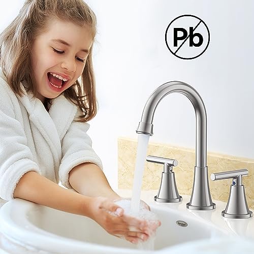 Bathroom Faucets for Sink 3 Hole, Hurran Brushed Nickel Bathroom Sink Faucet with Pop-up Drain and Supply Lines, Stainless Steel Lead-Free Widespread Faucet for Vanity RV Farmhouse Sink
