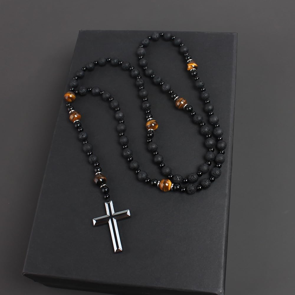 Rosary Necklace for Men, Black Catholic Rosary, Lava Rock Tiger Eye Beads Cross Necklace, Rosarios Catolicos Para Hombre (B)