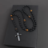 Rosary Necklace for Men, Black Catholic Rosary, Lava Rock Tiger Eye Beads Cross Necklace, Rosarios Catolicos Para Hombre (B)