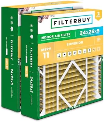 Filterbuy 24x25x5 Air Filter MERV 11 Allergen Defense (2-Pack), Pleated HVAC AC Furnace Air Filters Replacement for Carrier FILXXCAR0024, Maytag, and More (Actual Size: 23.63 x 24.69 x 4.25 Inches)