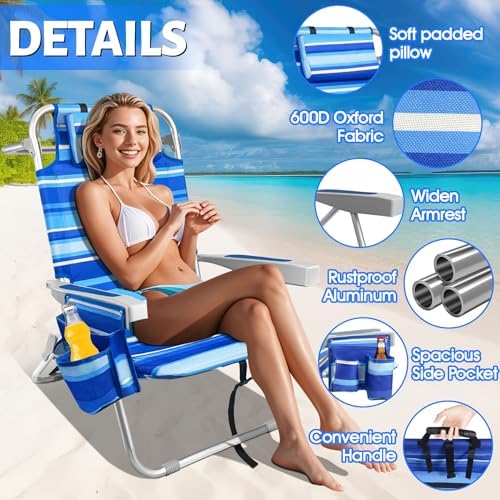 Beach Chairs for Adults with 5 Positions, Folding Backpack Beach Chair with Cooler & Storage Pouch, Portable Camping Chair with Cup Holder, Towel Bar, Lay Flat Camp Chair Support to 350LBS
