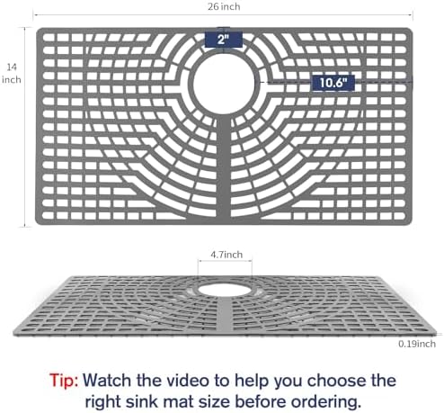 Silicone Sink Protector 26“x14" Rear Drain Hole, Heat Resistant Non-slip Dishwasher Suitable, Large Mat for Bottom of Farmhouse Kitchen Stainless Steel Sink(Grey）