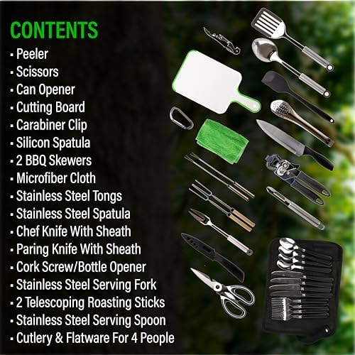 30 Pcs Camp Cooking Utensil Set & Outdoor Kitchen Gear Cookware Kit, Portable Compact Carry Case for Camping, Hiking, Travel, BBQ Grilling Stainless Steel Accessories Spoon & Fork, Navy