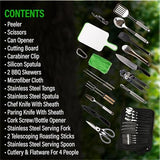 30 Pcs Camp Cooking Utensil Set & Outdoor Kitchen Gear Cookware Kit, Portable Compact Carry Case for Camping, Hiking, Travel, BBQ Grilling Stainless Steel Accessories Spoon & Fork, Navy