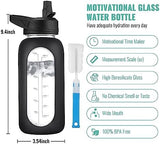 CIVAGO 40 oz Glass Water Bottle with Straw and Handle, Large Sports Motivational Water Bottle Flask with Time Marker and 2 Lids, Leakproof Water Jug Canteen with Silicone Sleeve for Gym,Apricot