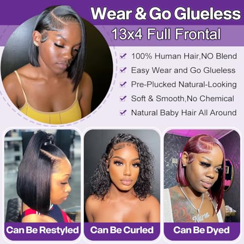HIRIREMY Short Straight Bob Wigs for Black Women Human Hair 13x4 HD Lace Front Bob Wigs Human Hair Pre Plucked Natural Hairline Glueless 180% Density 12 Inch
