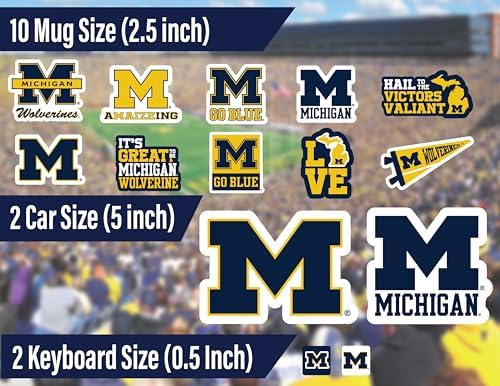 Michigan Wolverines Stickers (14 Piece) University of Michigan Gifts for Men Football Fans for Car Laptop Water Bottle + 2 Large UofM Car Decals, 10 Water Bottle Size, 2 Keyboard Size