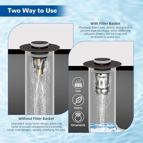 Hibbent Upgraded 3 in 1 Bathroom Sink Drain Strainer, Universal Pop Up Stopper with Removable Stainless Steel Filter Basket Hair Catcher, Sink Plug for 1.1''~2.36'' Basin, Oil-Rubbed Bronze