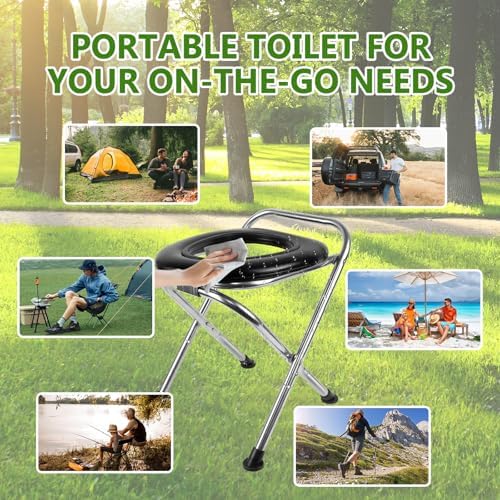 BLIKA Portable Toilet for Camping, 350LBS Stainless Steel Foldable Camp Travel Toilet with Soft Seat for Adults, Portable Potty for Camping, RV Travel, Road Trips, Includes Waste Bags with Gel