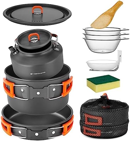 Odoland 10pcs Camping Cookware Camping Pots and Pans Set with Kettle Plastic Bowls and Soup Spoon for Camping, Backpacking, Outdoor Cooking and Picnic