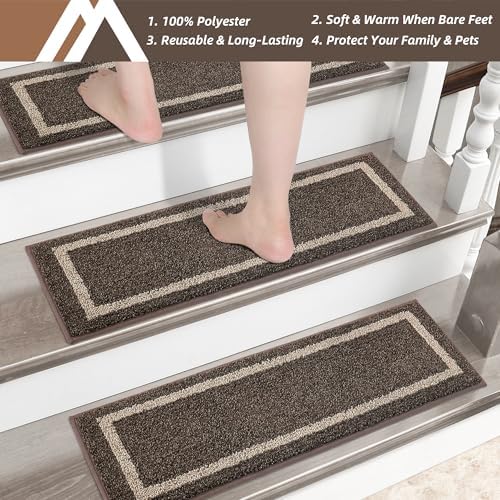 COSY HOMEER Soft Stair Treads 15pcs Non-Slip Carpet Mat 28inX9in Indoor Stair Runners for Wooden Steps,Stair Rugs for Kids and Dogs, 100% Polyester TPE Backing Brown,Square