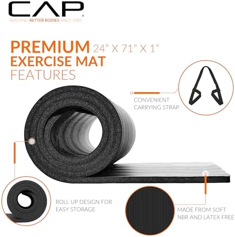 CAP Barbell 1-Inch High Density Exercise Yoga Mat with Strap | Multiple Colors