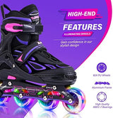 2PM SPORTS Vinal Girls Adjustable Flashing Inline Skates, All Wheels Light Up, Fun Illuminating Skates for Kids Men Adult Women and Boys