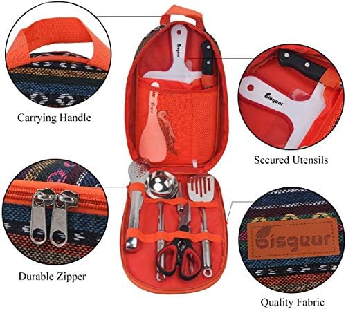 Bisgear Backpacking Camping Cookware Camp Kitchen Utensil BBQ Organizer Travel Mess Kit with Water Resistant Case, Cutting Board, Rice Paddle, Tongs, Scissors, Knife, Spork