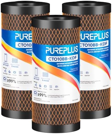 PUREPLUS 5 Micron 10" x 4.5" Whole House Coconut Shell Activated Carbon and KDF Water Filter, Heavy Metal Removal Replacement Water Filter, Compatible with GXWH40L, GXWH35F, BB10, CTO10BB-KDF, 3 PACK